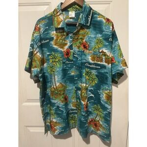 Hawaiian Shirt XL St Lucia Men's Print Split Hem Blue Caribbean‎ Short Sleeve